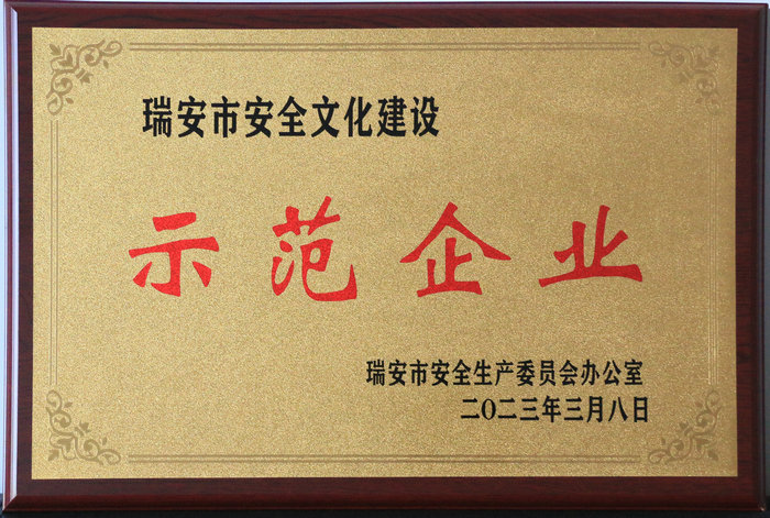 瑞安市安全文化建設(shè)示范企業(yè)